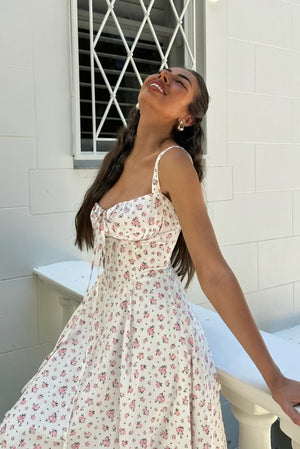 Women's Maxi Dress – White Floral Print, Tie-Up Bust, Adjustable Straps-83612-bde914dc-9ea6-4bcd-8f9d-36d8035b387c