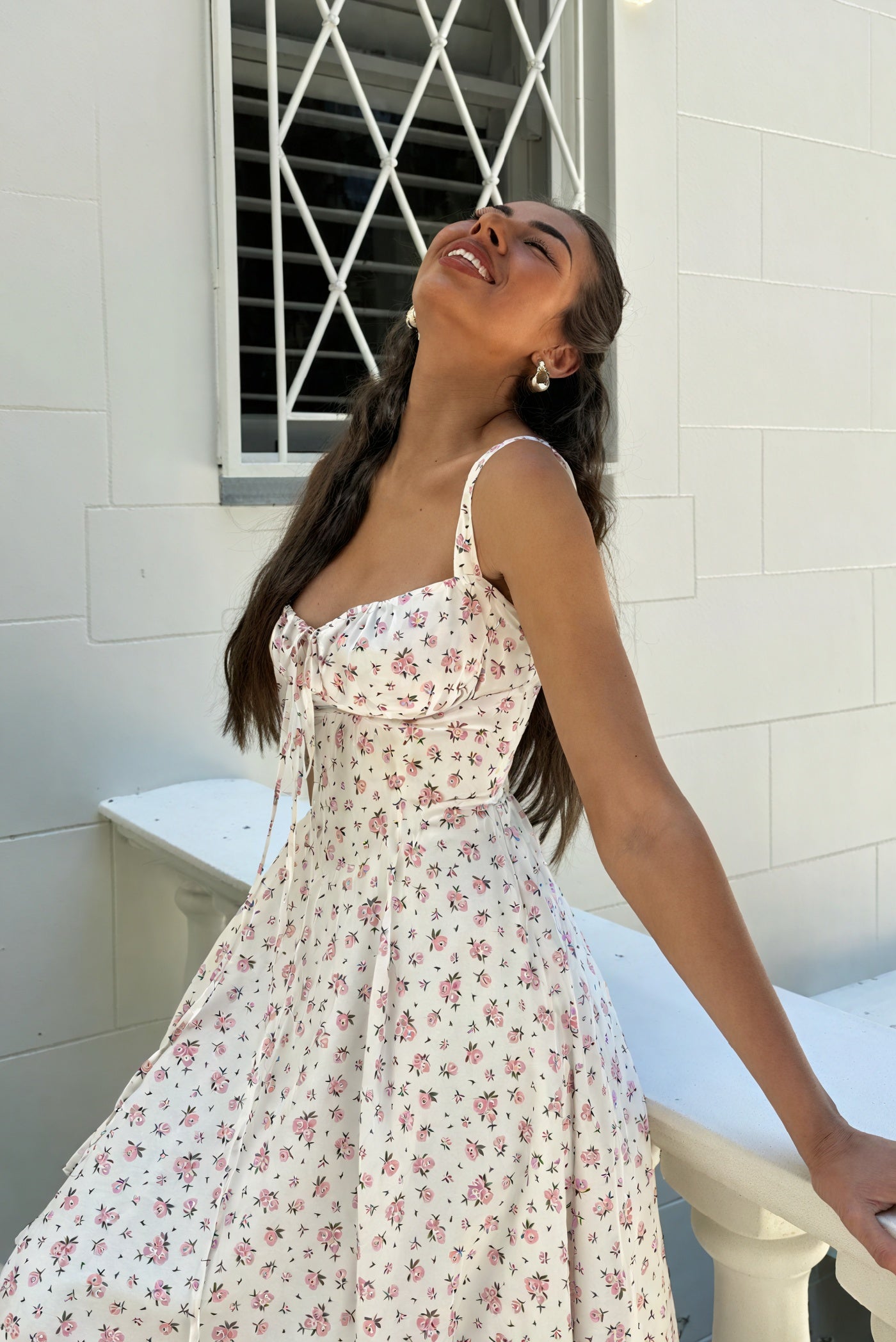 Women's Maxi Dress – White Floral Print, Tie-Up Bust, Adjustable Straps-83612-bde914dc-9ea6-4bcd-8f9d-36d8035b387c