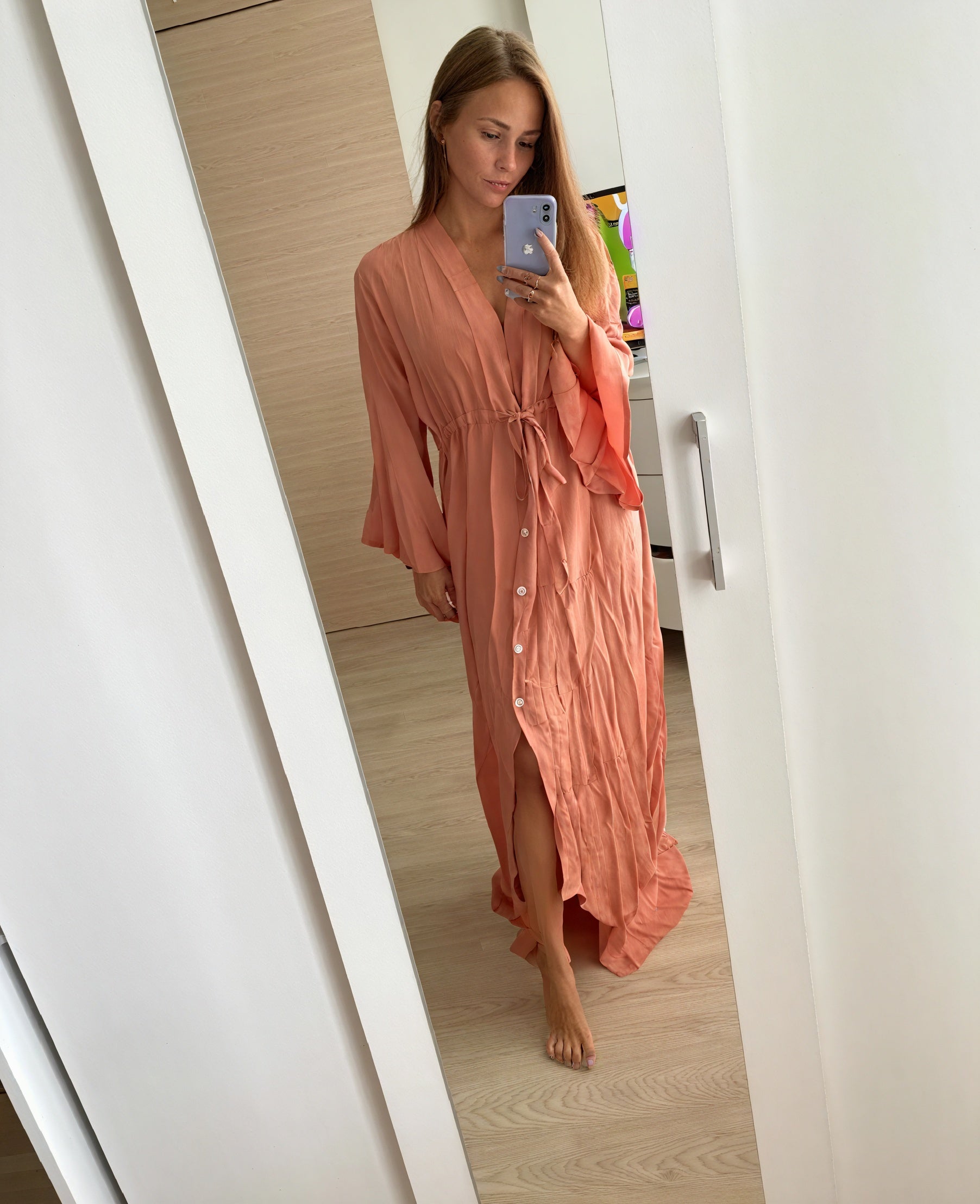 Women's Maxi Dress – Flowing V-Neck, Long Sleeve, Tie Waist-83779-e0e314f6-4368-438c-83e0-2816a03b194a