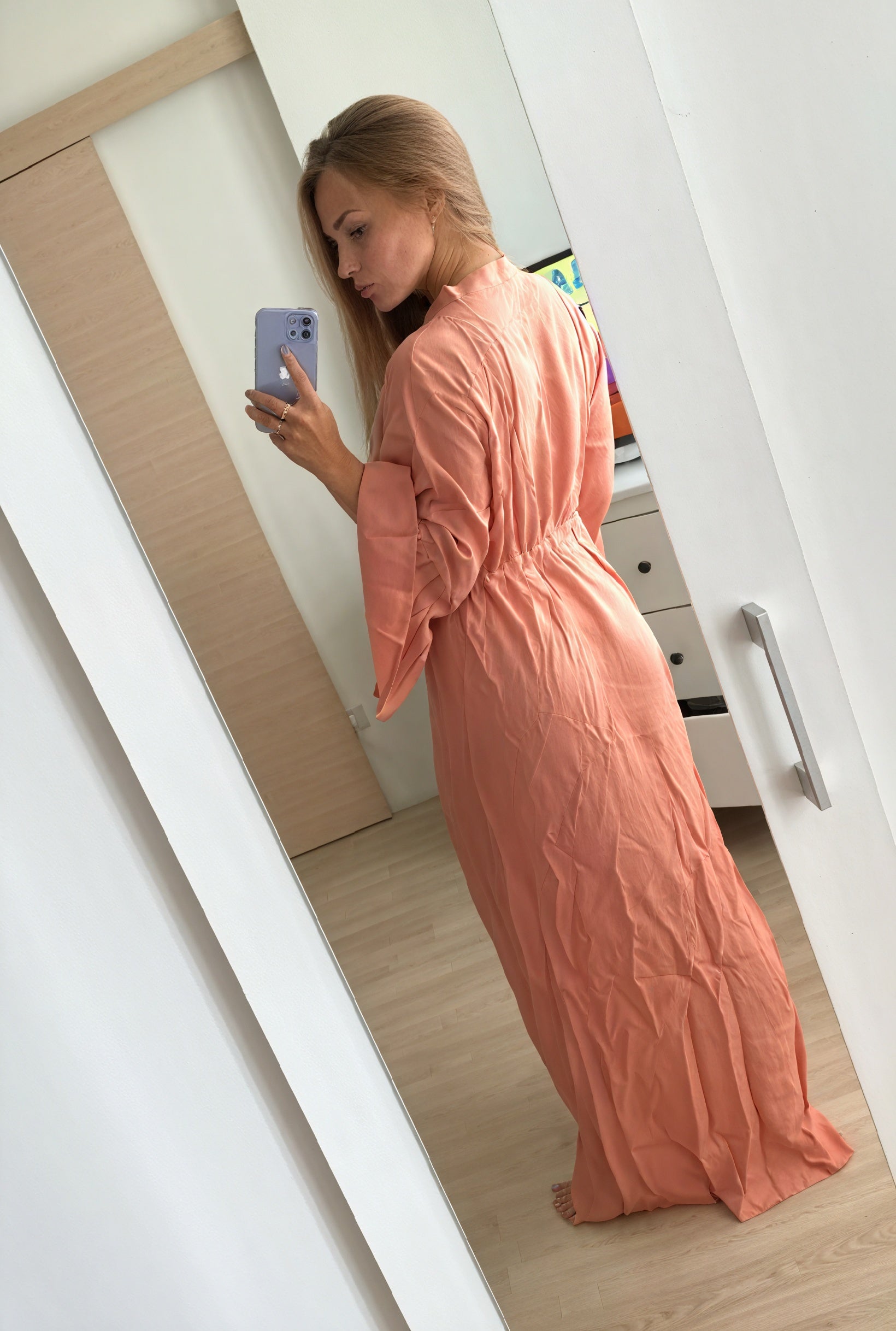 Women's Maxi Dress – Flowing V-Neck, Long Sleeve, Tie Waist-83779-3a15a49a-89e6-4588-9553-7f12f504f025