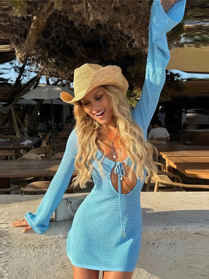 Women's Knit Dress – Long Sleeve, Plunge Neckline, Tie Detail, Open Front-83802-f9df981d-338a-4f16-a574-6c164d63cb4a