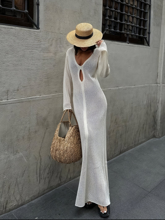Women's Knit Maxi Dress – Sheer Long Sleeve with Cutout Detail-83803-7e5af83c-eb55-4564-92eb-d8b565d9032b