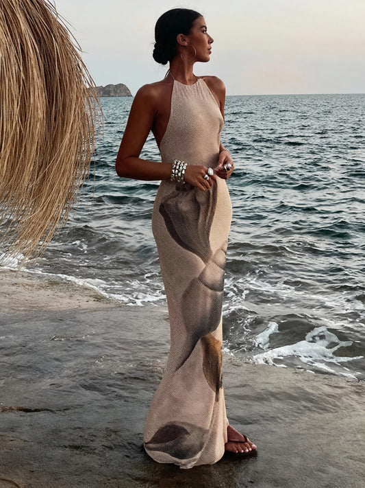 Women's Maxi Dress – Halter Neck, Unique Print, Textured, Floor-Length-83816-39ed1b4c-5ffe-4951-b76f-f6cfe84fbf83