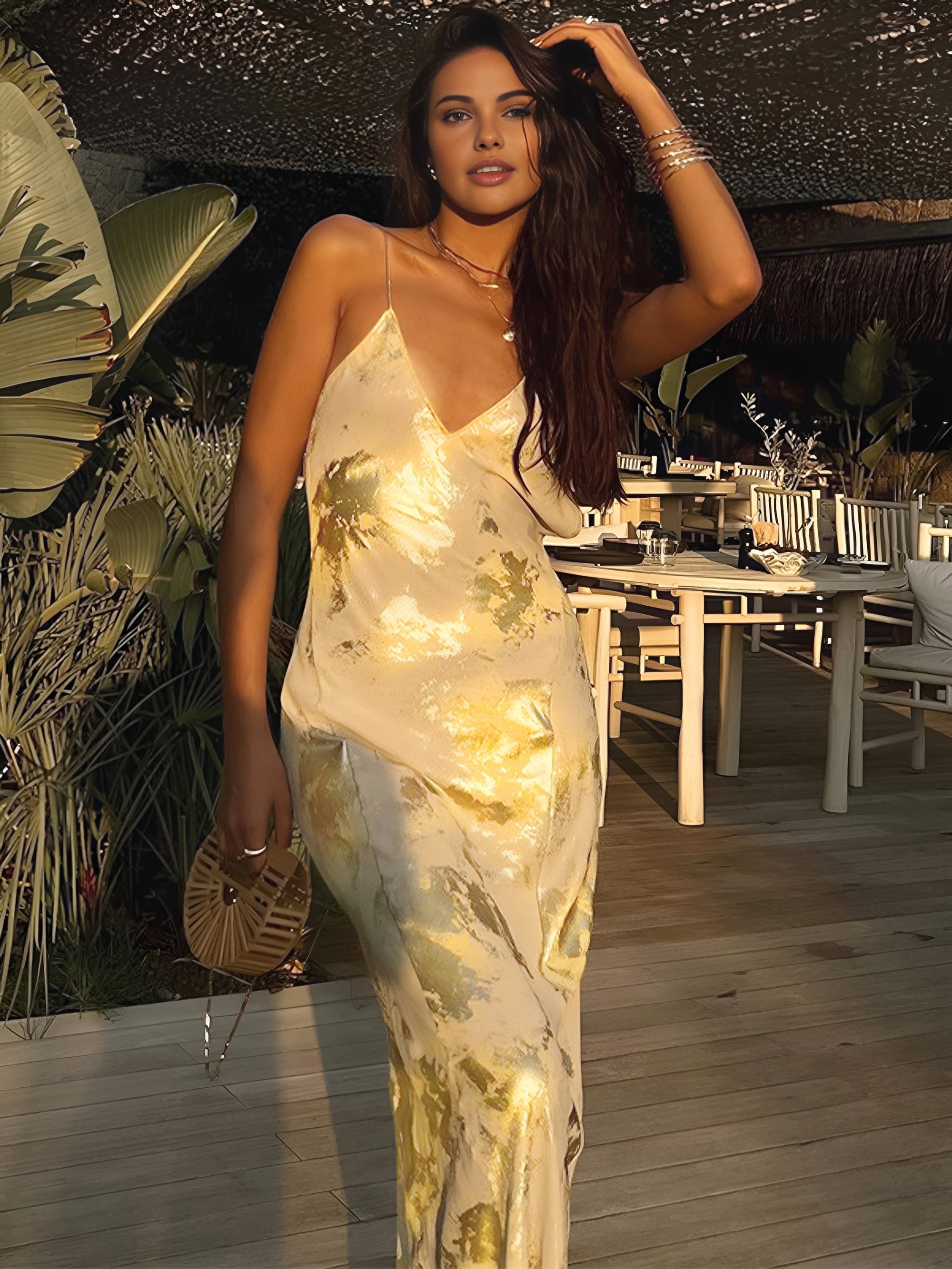 Metallic Gown - Plunging Neck, Gold Accents