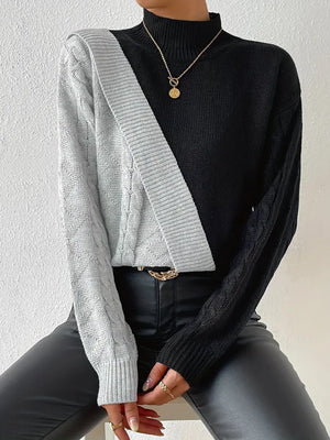 Women's Sweater – Color Block Turtleneck, Cable Knit Design-54586-b1c5e7a2-7e02-452a-98eb-a706d10e37da
