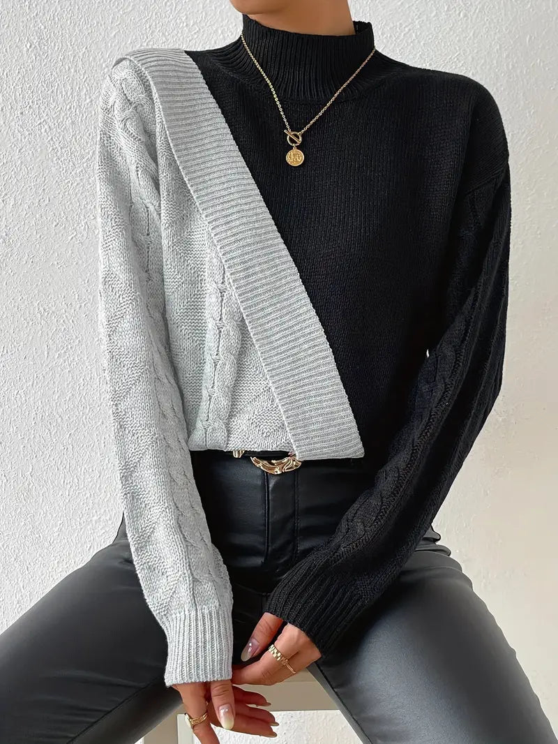 Women's Sweater – Color Block Turtleneck, Cable Knit Design-54586-b1c5e7a2-7e02-452a-98eb-a706d10e37da