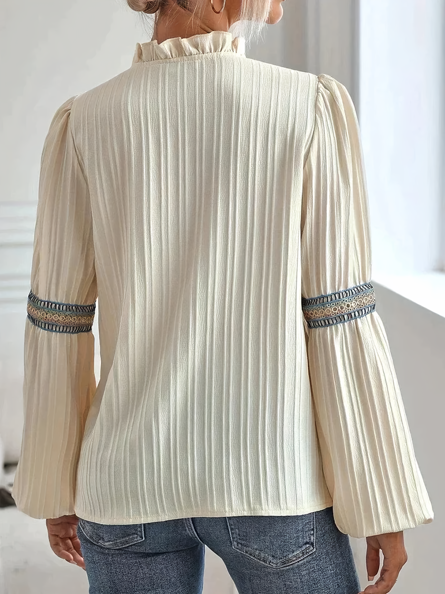 Embroidered V-Neck Blouse - Pleated Texture