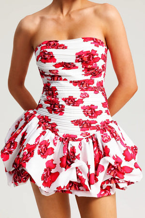 Women's Strapless Floral Print Dress – Ruffled Skirt, Structured Bodice, Occasion Wear-83685-8a55196b-d088-4fa5-93ba-6105e06e9a1f