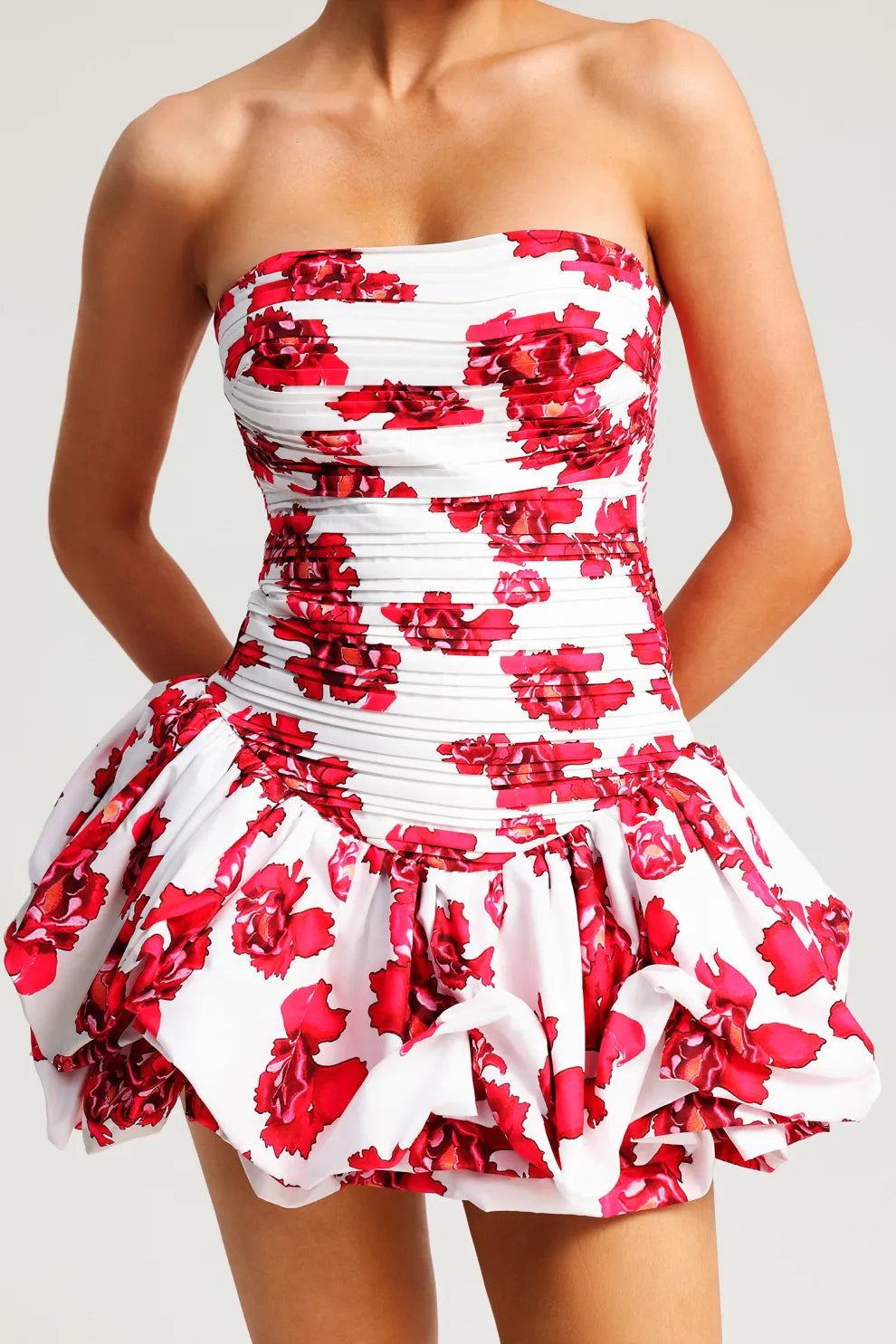Women's Strapless Floral Print Dress – Ruffled Skirt, Structured Bodice, Occasion Wear-83685-8a55196b-d088-4fa5-93ba-6105e06e9a1f