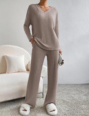 Ribbed Knit Loungewear Set - V-Neck and Wide Leg