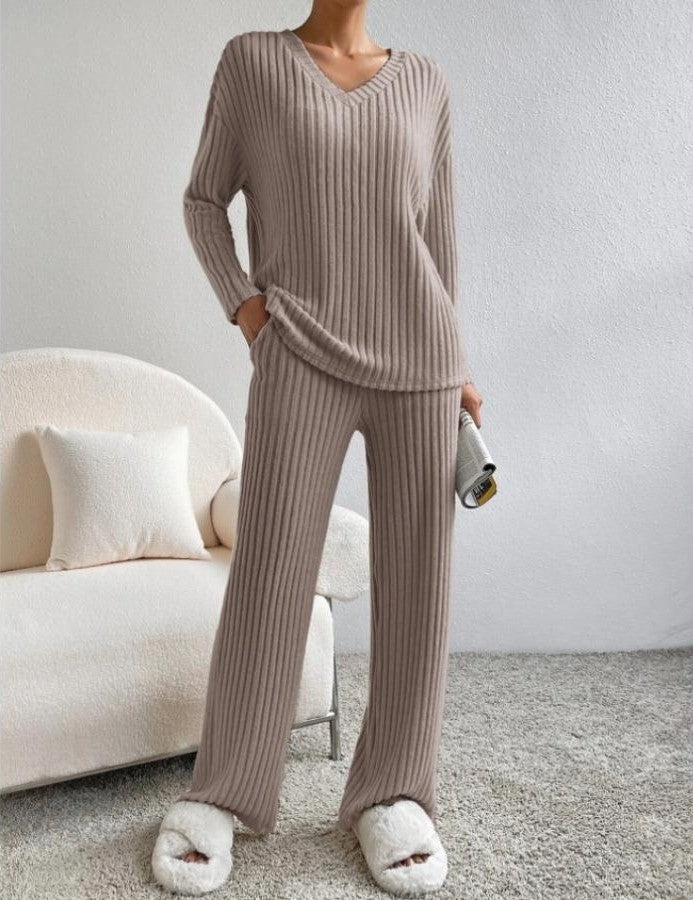 Ribbed Knit Loungewear Set - V-Neck and Wide Leg