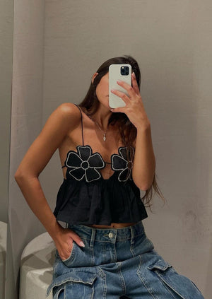 Floral Appliqué Halter Top with Peplum