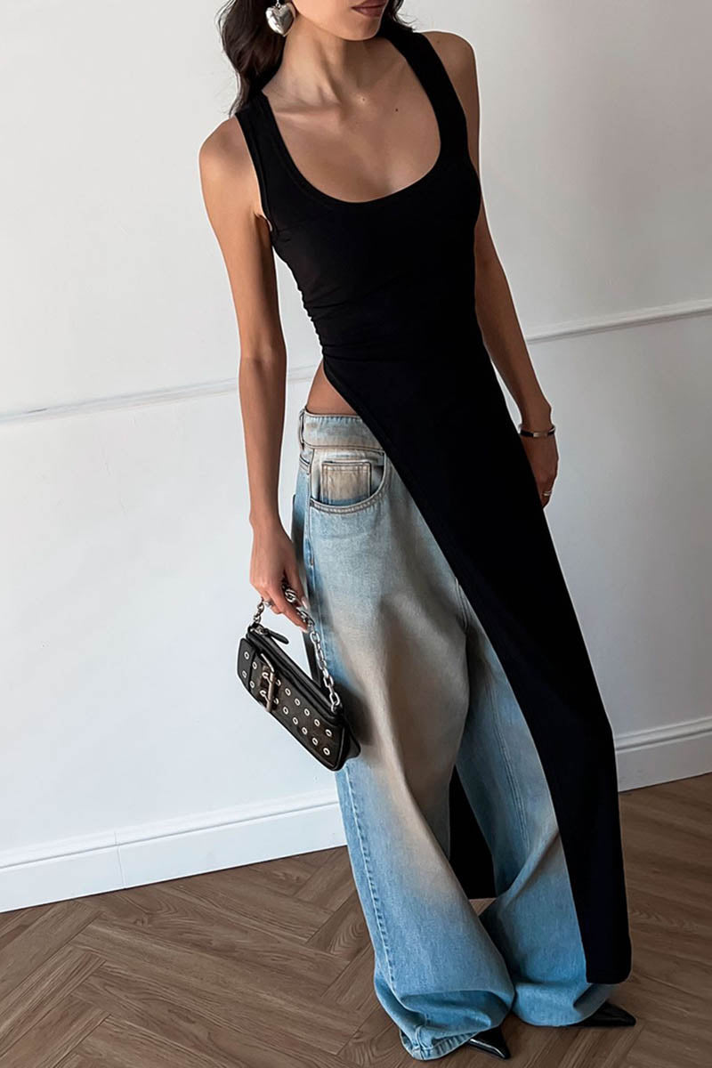 Fitted Top - Asymmetrical Slit, Sleeveless Design