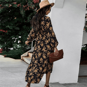 Floral V-Neck Black Dress - Asymmetrical Hem