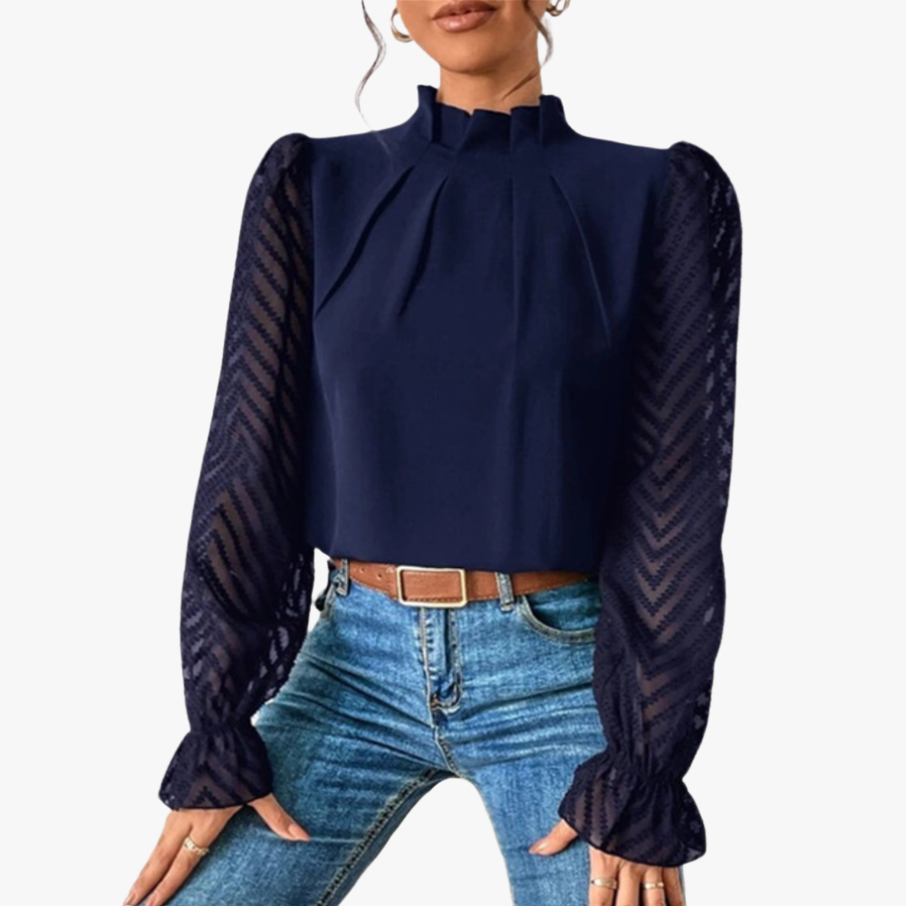 High Neck Blouse - Sheer Chevron Sleeves