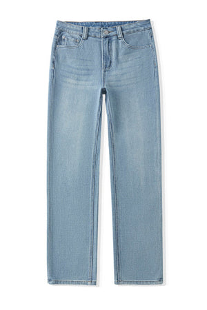 Ribbed Henley Top & High-Waisted Straight Jeans