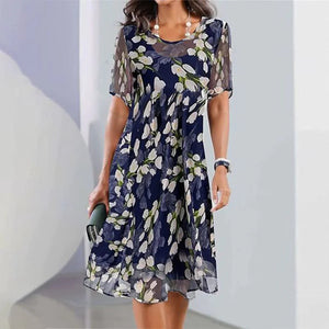 Floral Chiffon Dress - Navy Semi-Sheer Sleeves