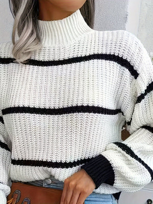 Women's Striped Turtleneck Sweater – White Black, Ribbed Knit-74366-93e1f7b0-c175-4f81-b005-802e8a3c9d76
