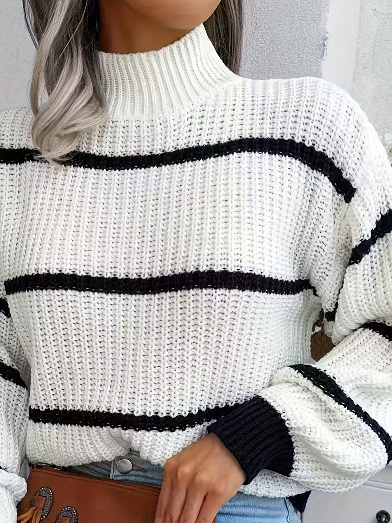 Women's Striped Turtleneck Sweater – White Black, Ribbed Knit-74366-93e1f7b0-c175-4f81-b005-802e8a3c9d76