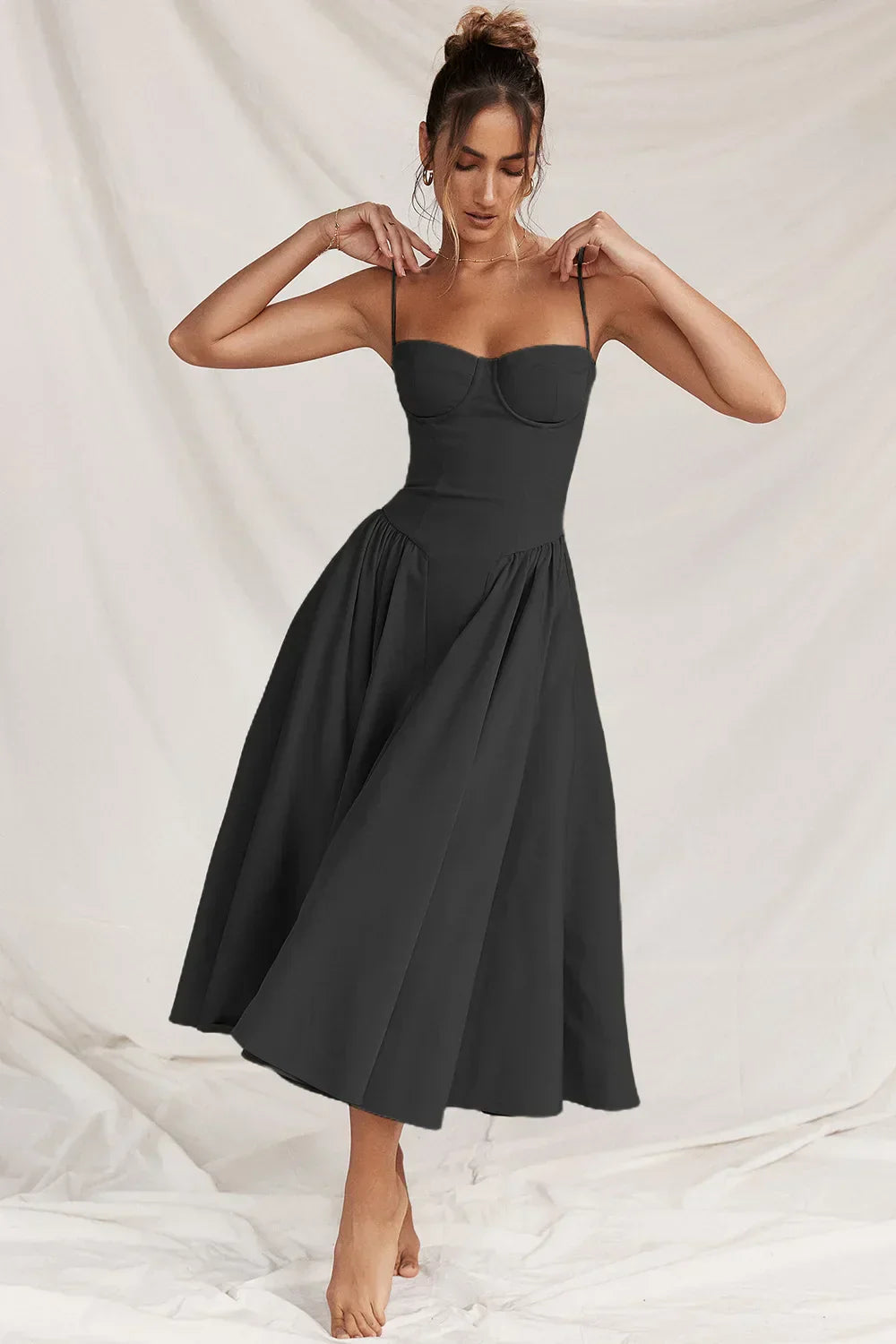 Women's Midi Dress – Pleated Skirt, Structured Bodice, Pockets-83506-946f4a49-c317-4f52-808e-21b098fc5fca