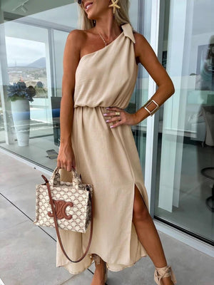 Women's One-Shoulder Maxi Dress – Asymmetrical Neckline, Side Slit, Waist Tie-83342-947f2705-4bd7-4ca0-9a92-99f77353499c