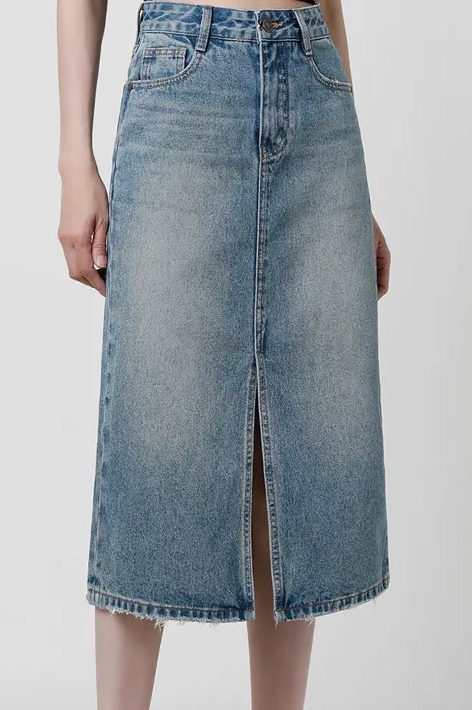 Vintage Wash Midi Skirt with Front Slit