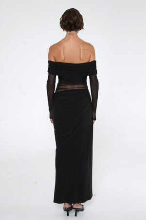 Sheer Sleeve Draped Skirt Occasion Gown