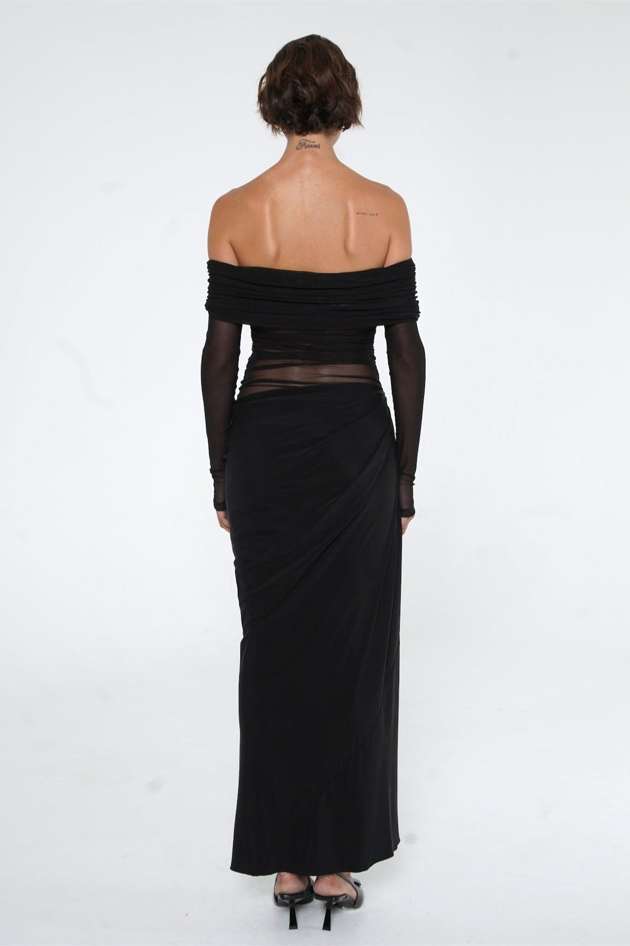 Sheer Sleeve Draped Skirt Occasion Gown