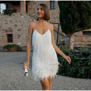 Women's Mini Dress – Feather Trim Fringe Spaghetti Strap-83329-9608c6cc-2876-4275-a91f-373dc08e468e