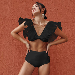 High-Waisted Swimwear Set - Ruffled Tie Front