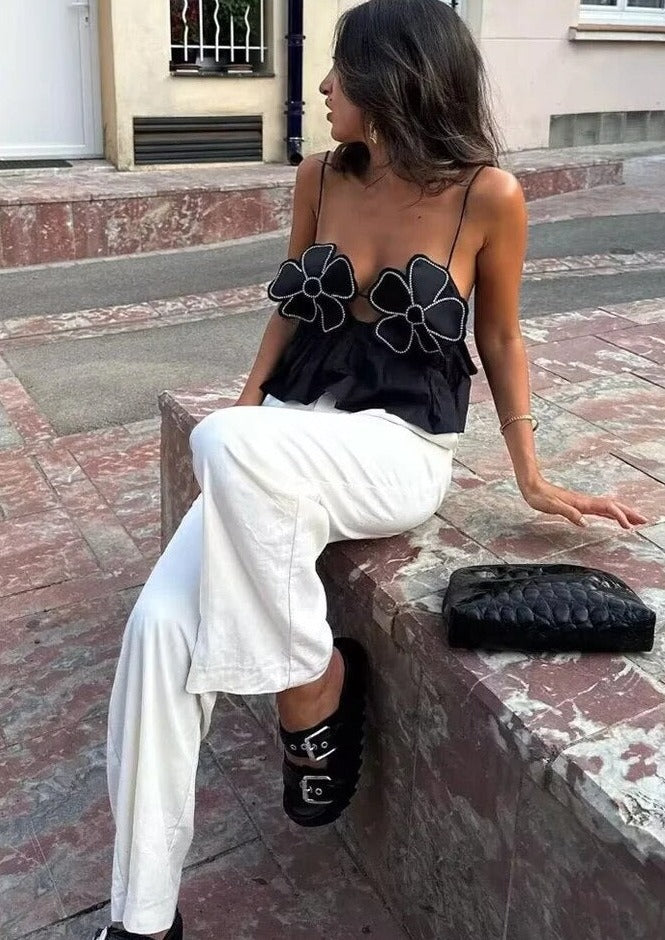 Floral Appliqué Halter Top with Peplum