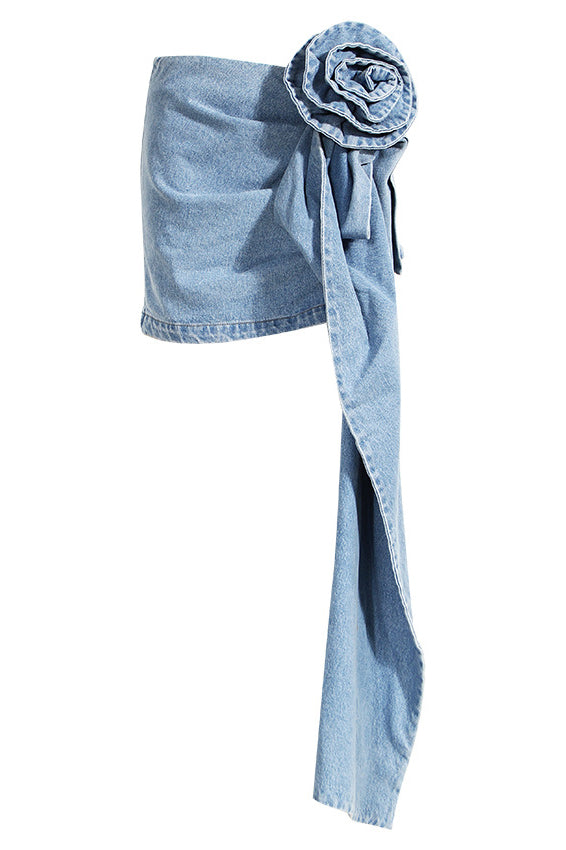 Denim Flower Mini Skirt - Asymmetrical Design