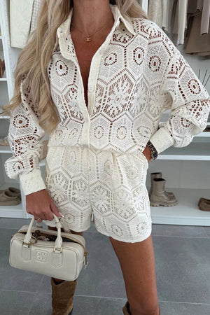 Basicfold Women's Open Knit Two-Piece Outfit – Button-Down Shirt & Drawstring Shorts-83322-970b0964-4c67-4f22-87bd-b550bc799556