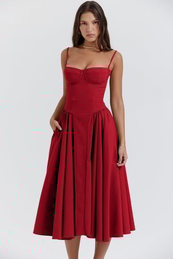 Women's Midi Dress – Pleated Skirt, Structured Bodice, Pockets-83506-9896ebe8-61c9-4b84-a87a-51efccc804ad