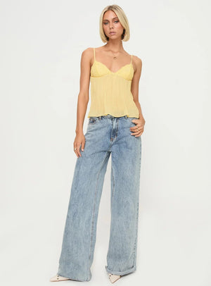 Women's Yellow Cami Top – Delicate Lace Detail, Pleated Fabric-83482-9926e77b-f9f8-4200-887c-733711704199