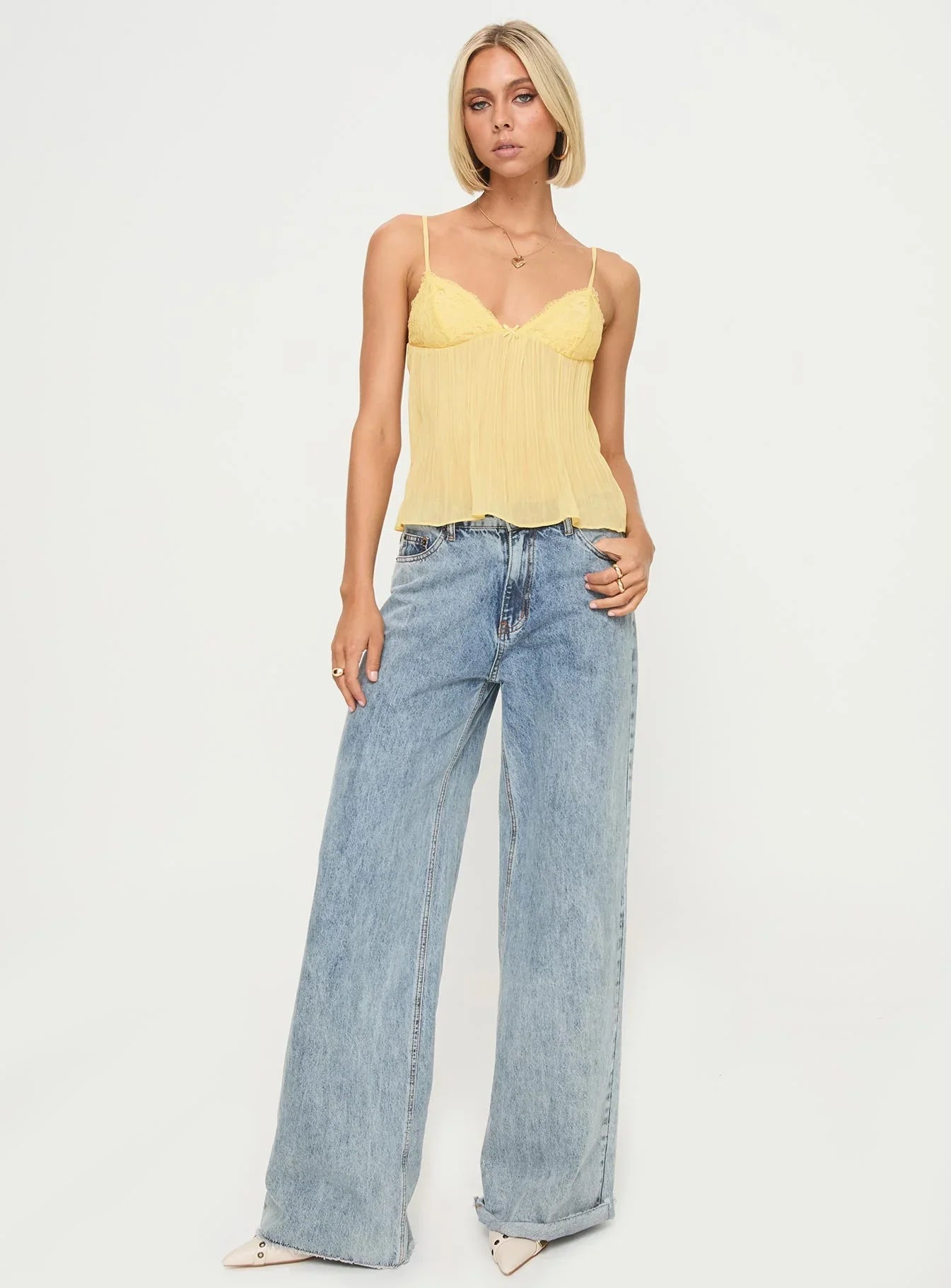 Women's Yellow Cami Top – Delicate Lace Detail, Pleated Fabric-83482-9926e77b-f9f8-4200-887c-733711704199