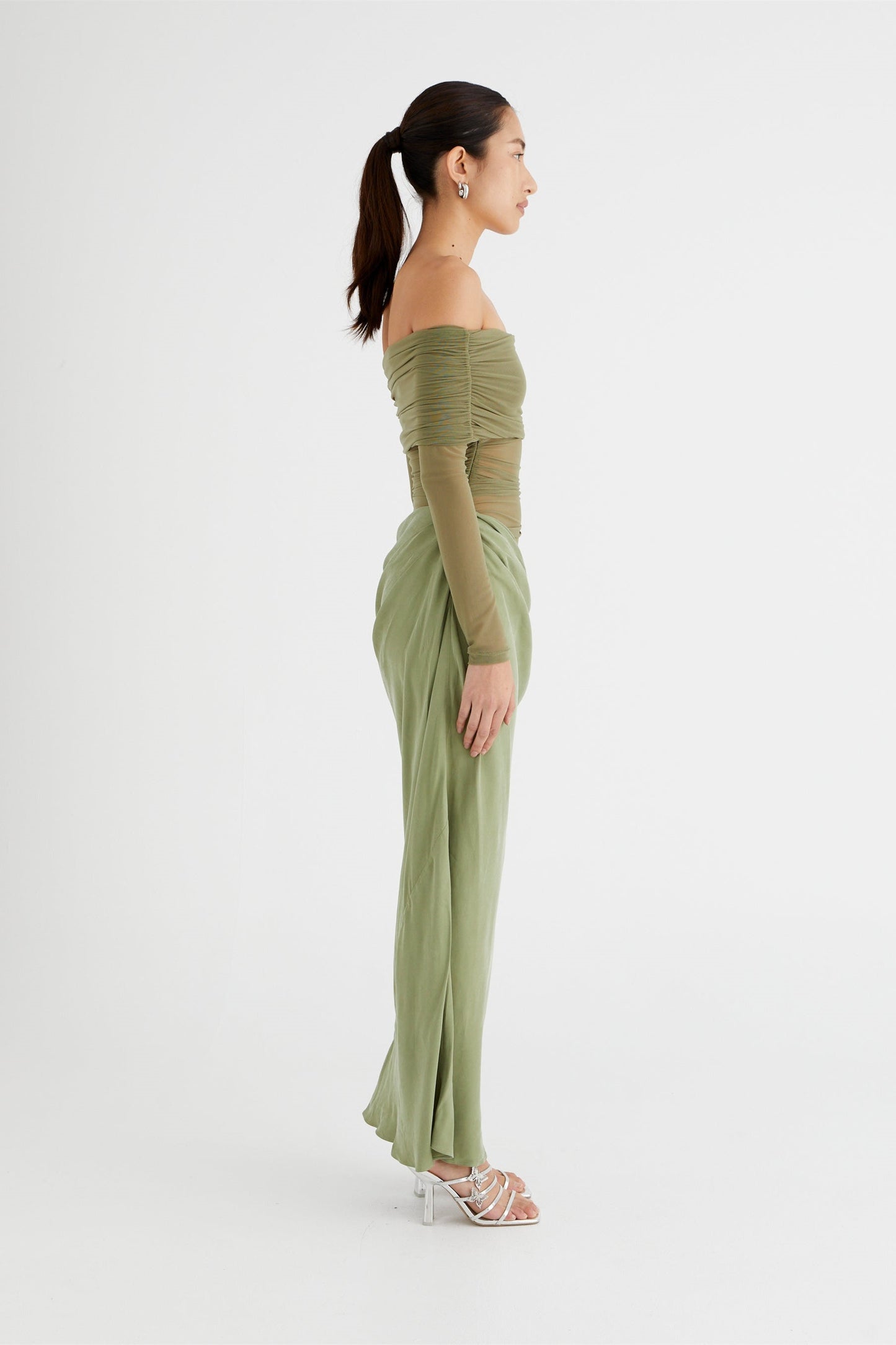 Sheer Sleeve Draped Skirt Occasion Gown