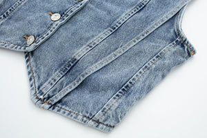 Structured Denim Vest with V-Neck Detail