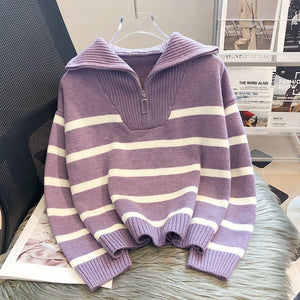 Striped Half-Zip Relaxed Fit Sweater