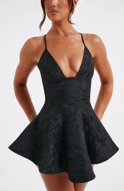 Spaghetti Strap Skater Dress - Deep V-Neck Flared