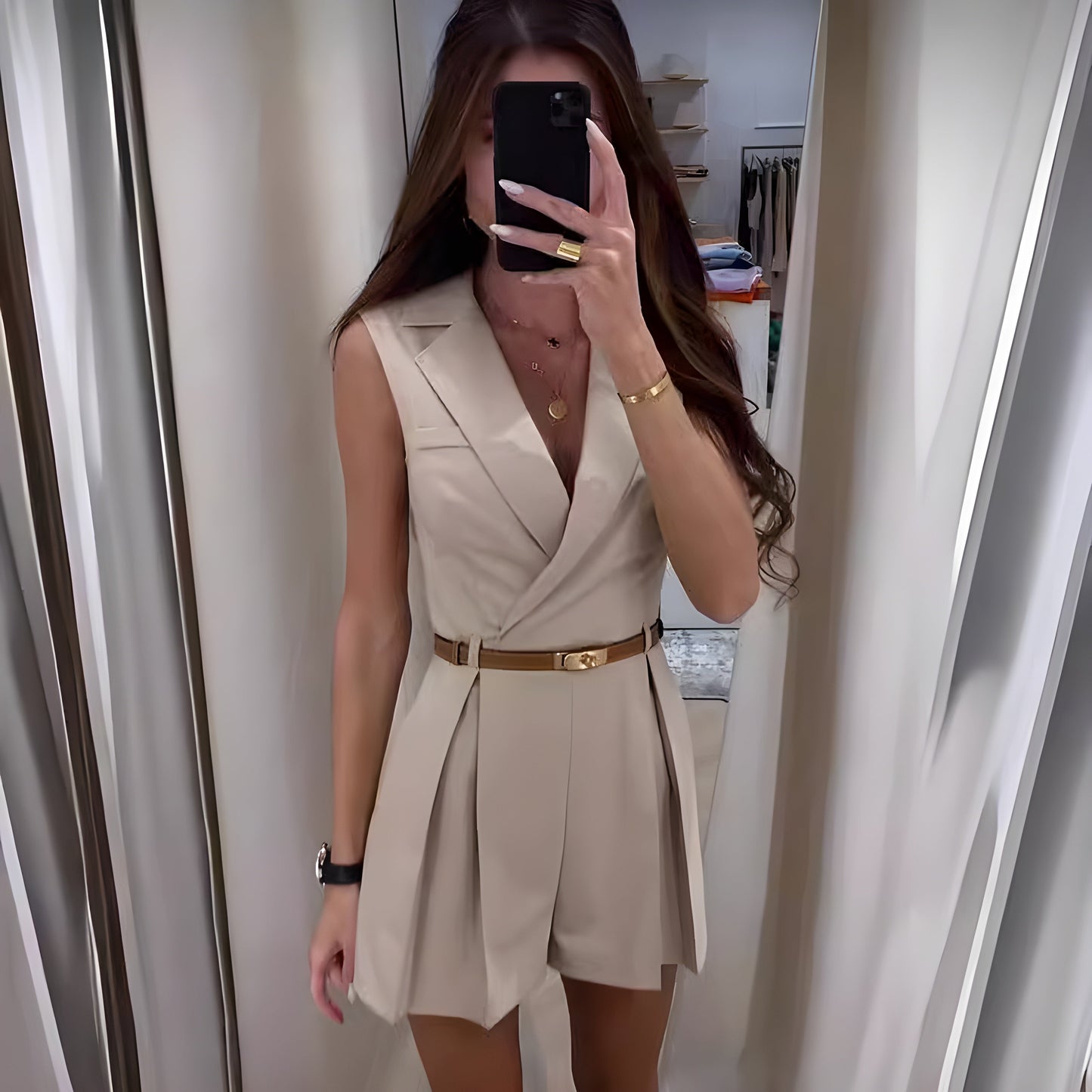 Sleeveless V-Neck Romper Dress with Belt