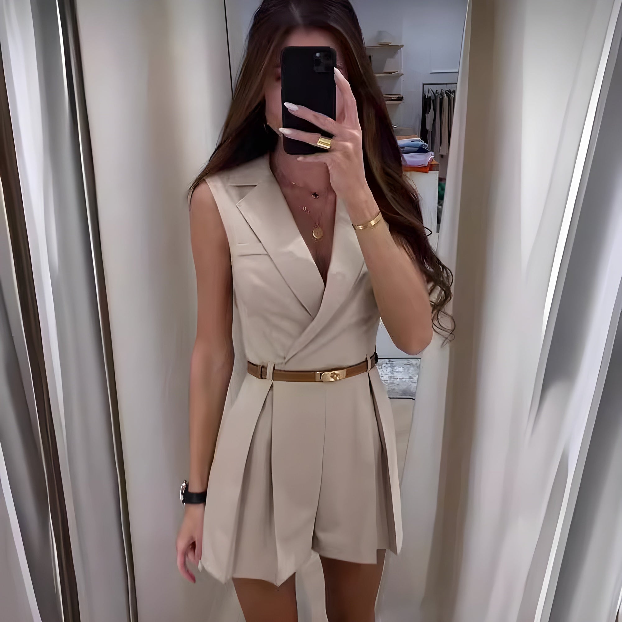 Sleeveless V-Neck Romper Dress with Belt