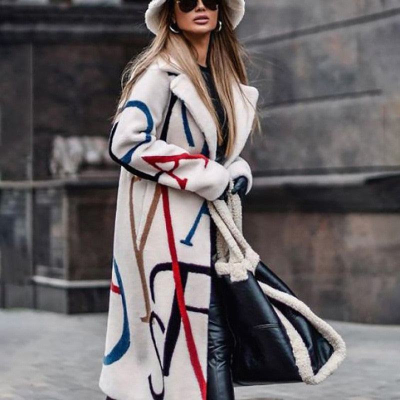 Women's Coat – Cream Wool Blend, Bold Lettering, Relaxed Fit, Oversized Sleeves-55072-59499662049623