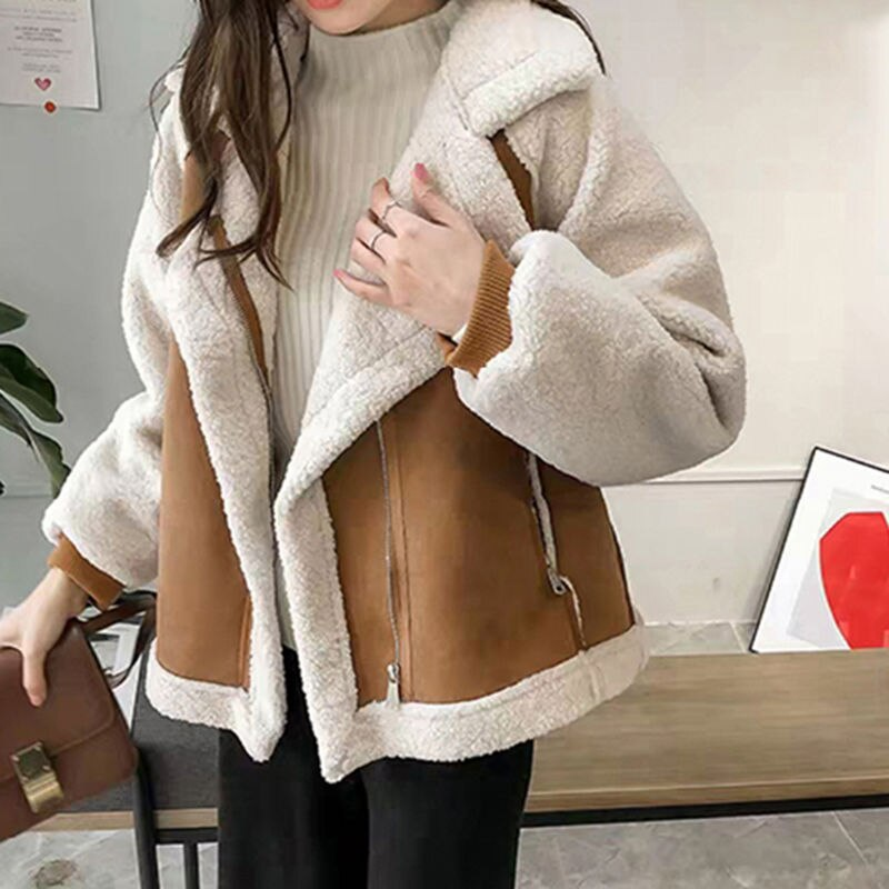 Women's Coat – Two-Tone Faux Shearling, Suede-Like Exterior, Wide Lapel Collar, Oxford Clothing-50497-df5d1547-0039-4389-b3d9-6fb885bc9f9b