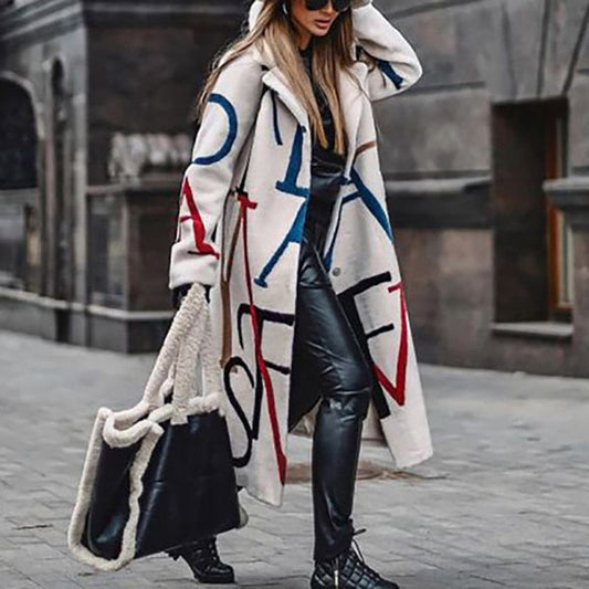 Women's Coat – Cream Wool Blend, Bold Lettering, Relaxed Fit, Oversized Sleeves-55072-59499662016855