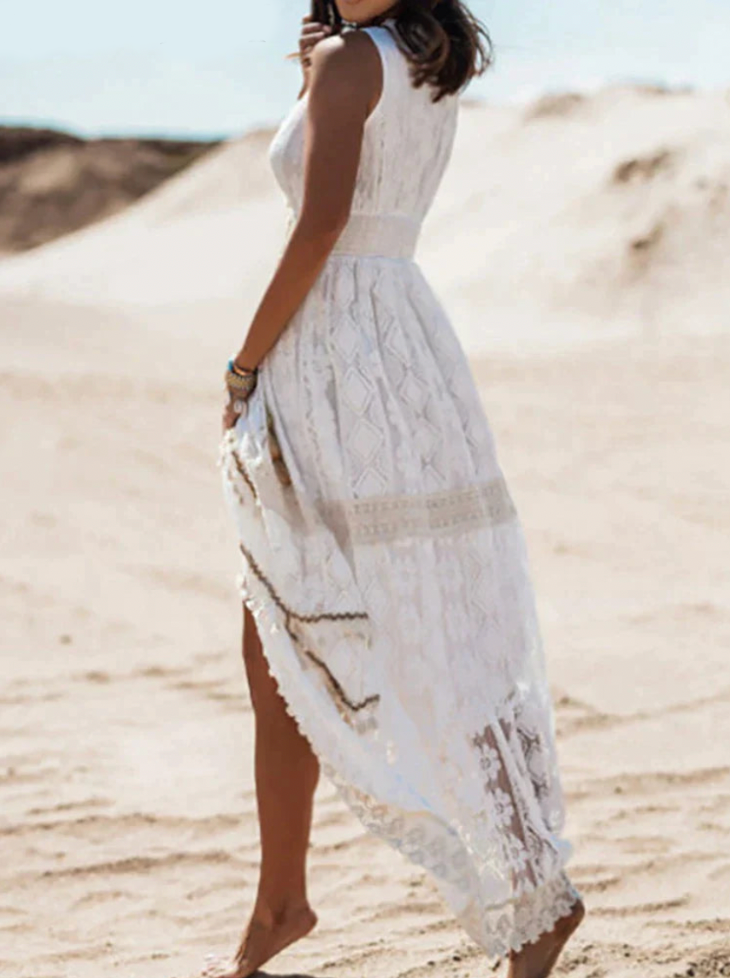 Lace Trim Midi Dress - Flowing Skirt