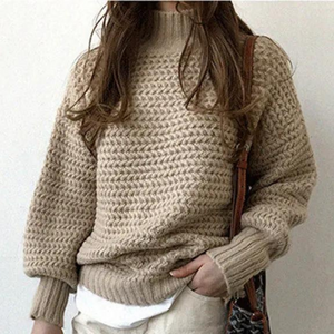 Women's Sweater – Off-White Chunky Knit, High Turtleneck, Oversized Sleeves, Cotton Acrylic Blend-54883-58562561605962