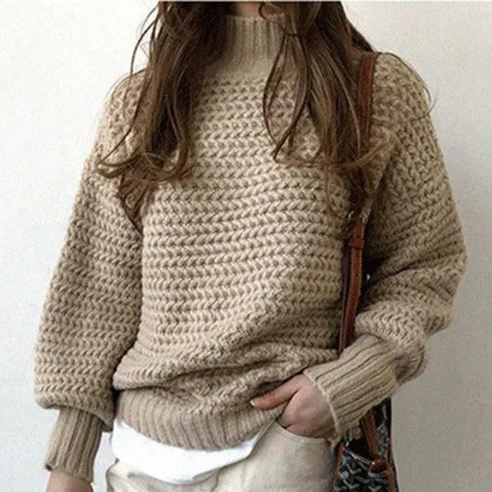 Women's Sweater – Off-White Chunky Knit, High Turtleneck, Oversized Sleeves, Cotton Acrylic Blend-54883-58562561605962