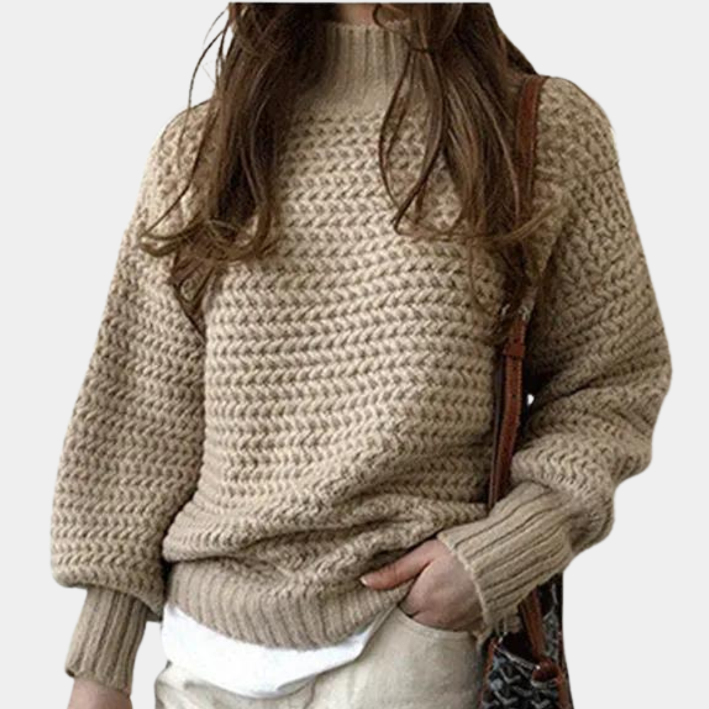 Women's Sweater – Off-White Chunky Knit, High Turtleneck, Oversized Sleeves, Cotton Acrylic Blend-54883-58562562392394
