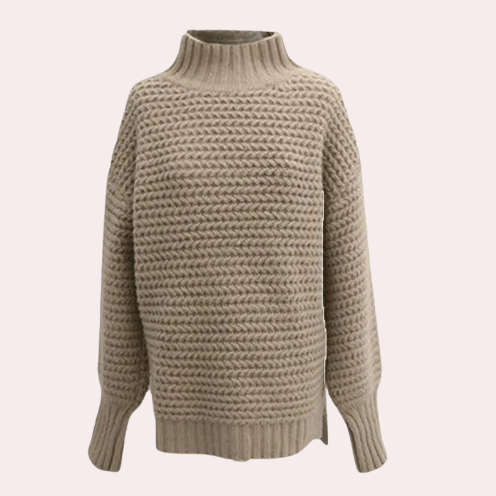Women's Sweater – Off-White Chunky Knit, High Turtleneck, Oversized Sleeves, Cotton Acrylic Blend-54883-58562562982218